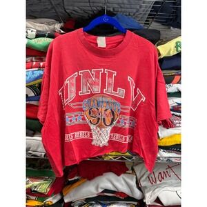 Vintage 1990 UNLV Rebels NCAA Champions Cropped T-Shirt Red Logo 7 USA Made XL
